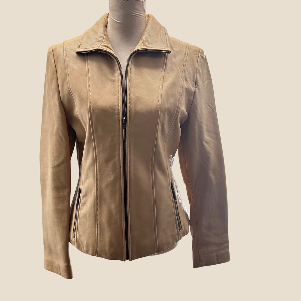 Wilsons Leather Maxima Tan Leather Zip Front Tailored Jacket Small Womens